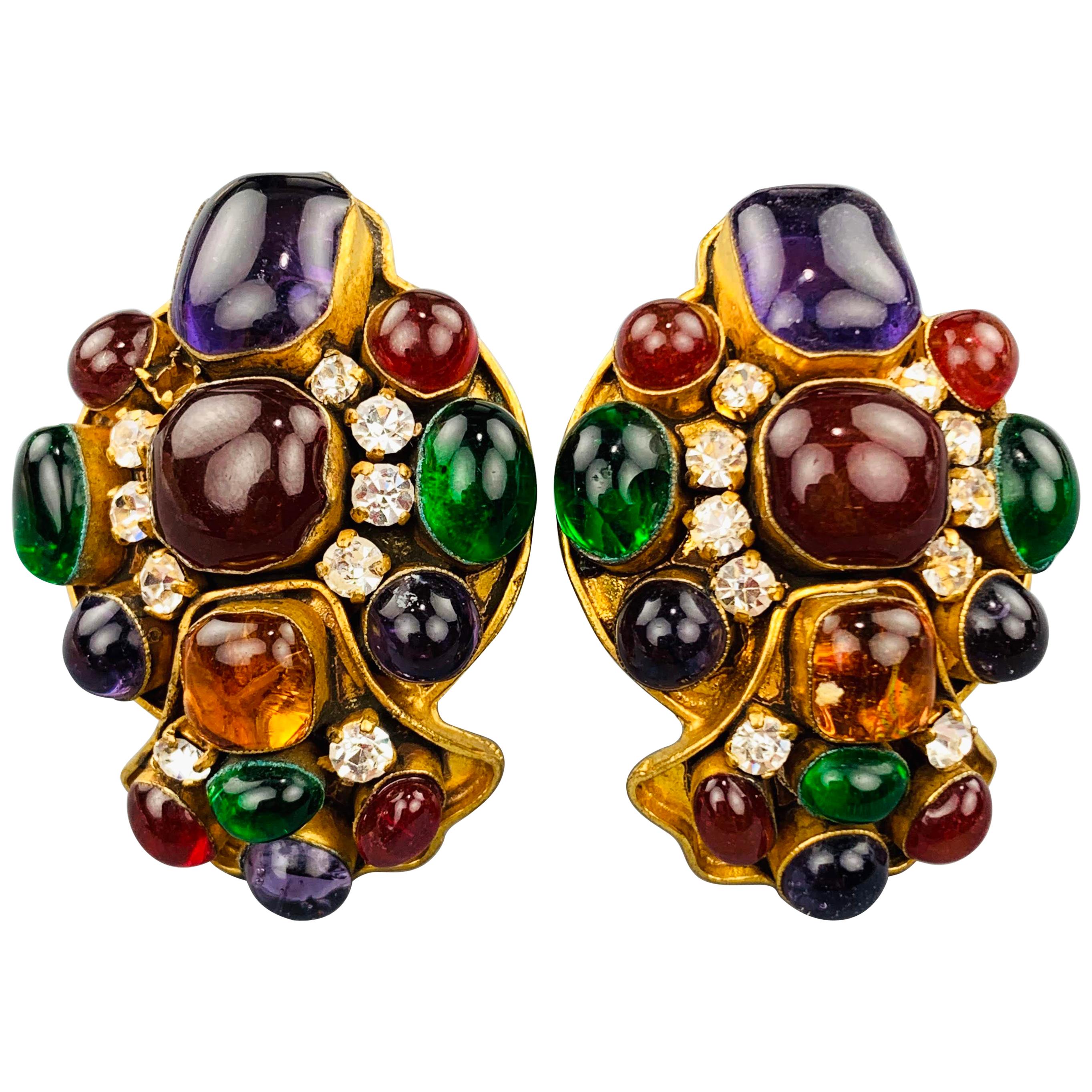 CHANEL Vintage Multi-Color Stone Byzantine Gripoix Clip On Earrings
