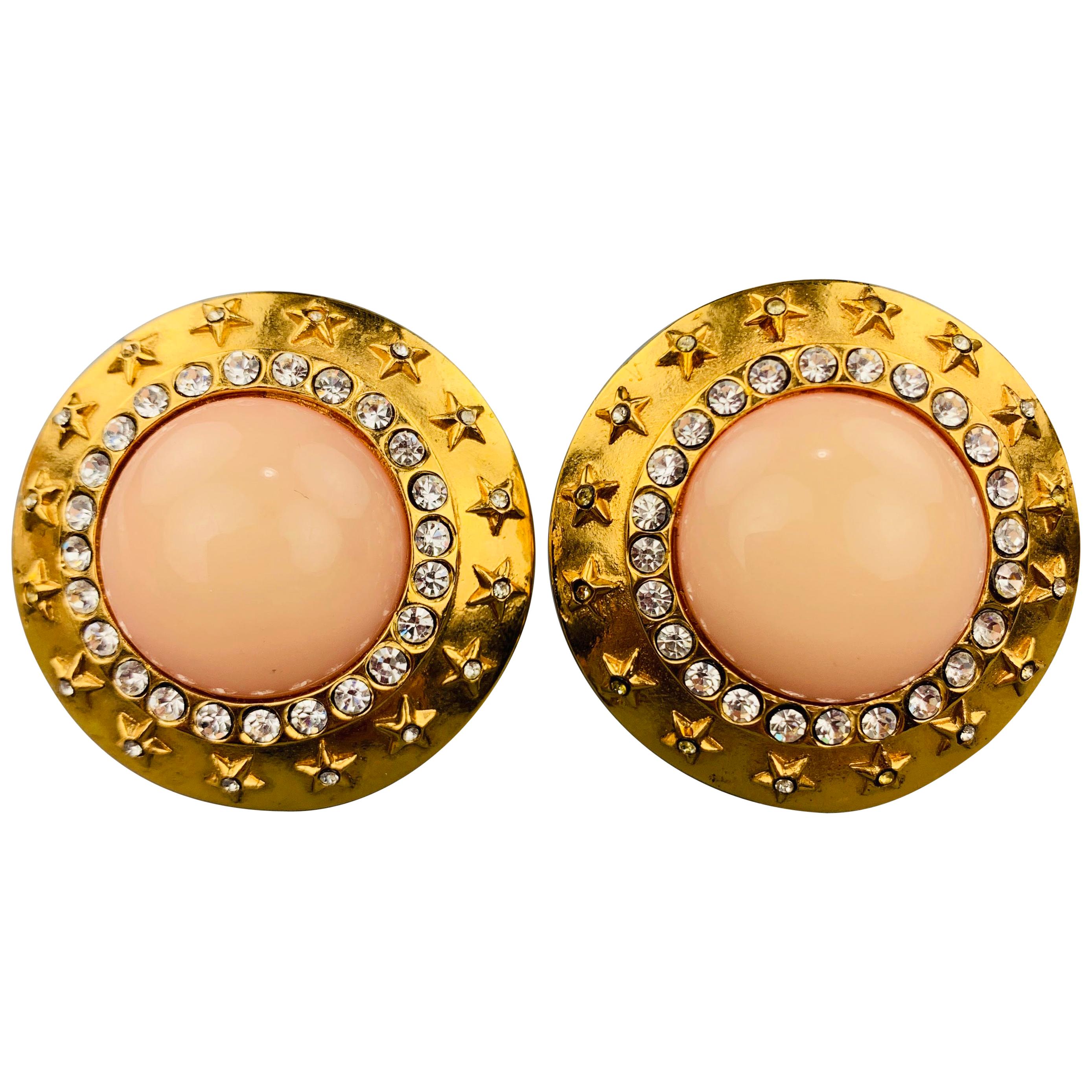 CHANEL Vintage Gold Tone Rhinestones Pink Stone Stars Clip On Earrings