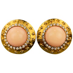 CHANEL Antique Gold Tone Rhinestones Pink Stone Stars Clip On Earrings