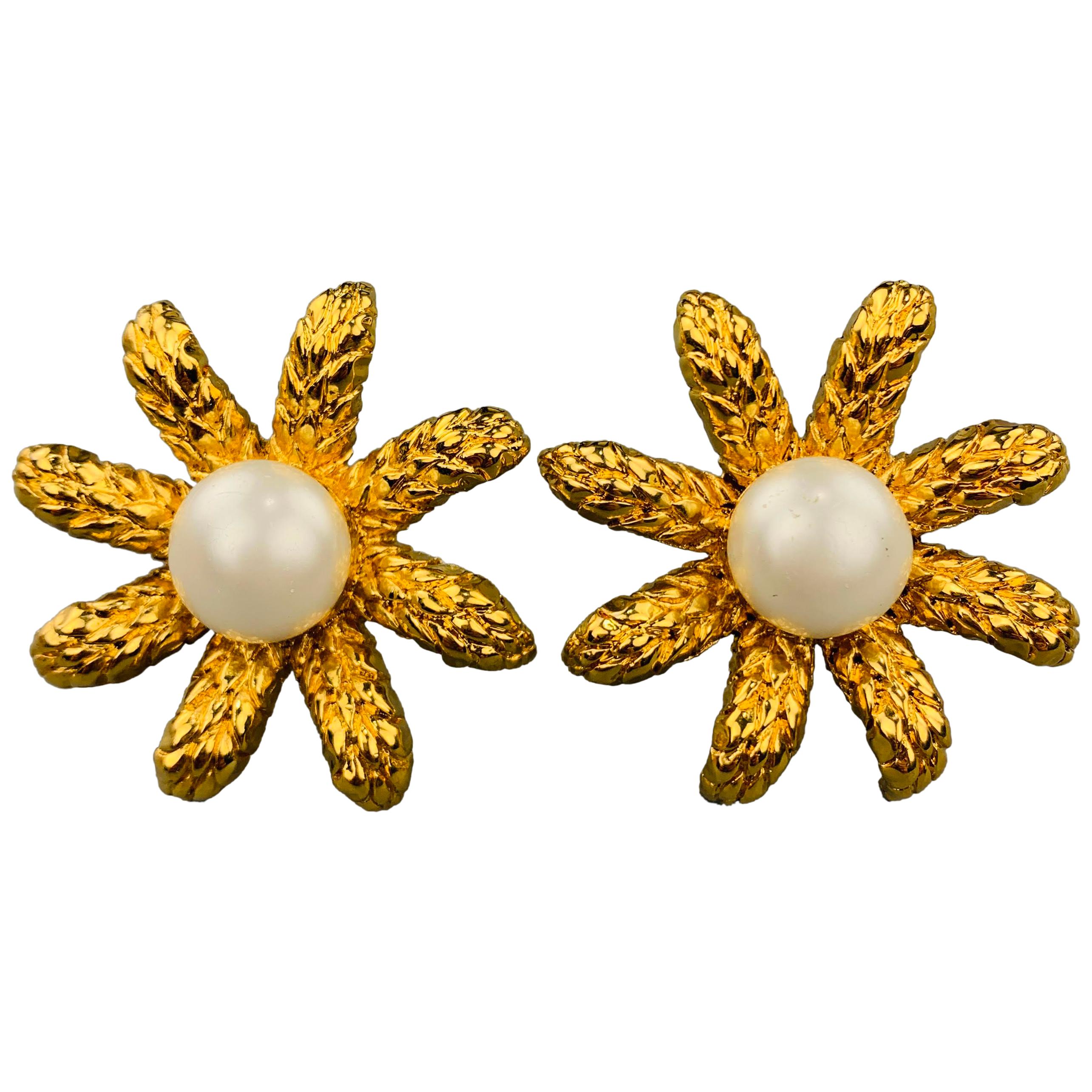 CHANEL Vintage Gold Tone Faux Pearl Flower Clip On Earrings