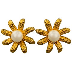 CHANEL Antique Gold Tone Faux Pearl Flower Clip On Earrings