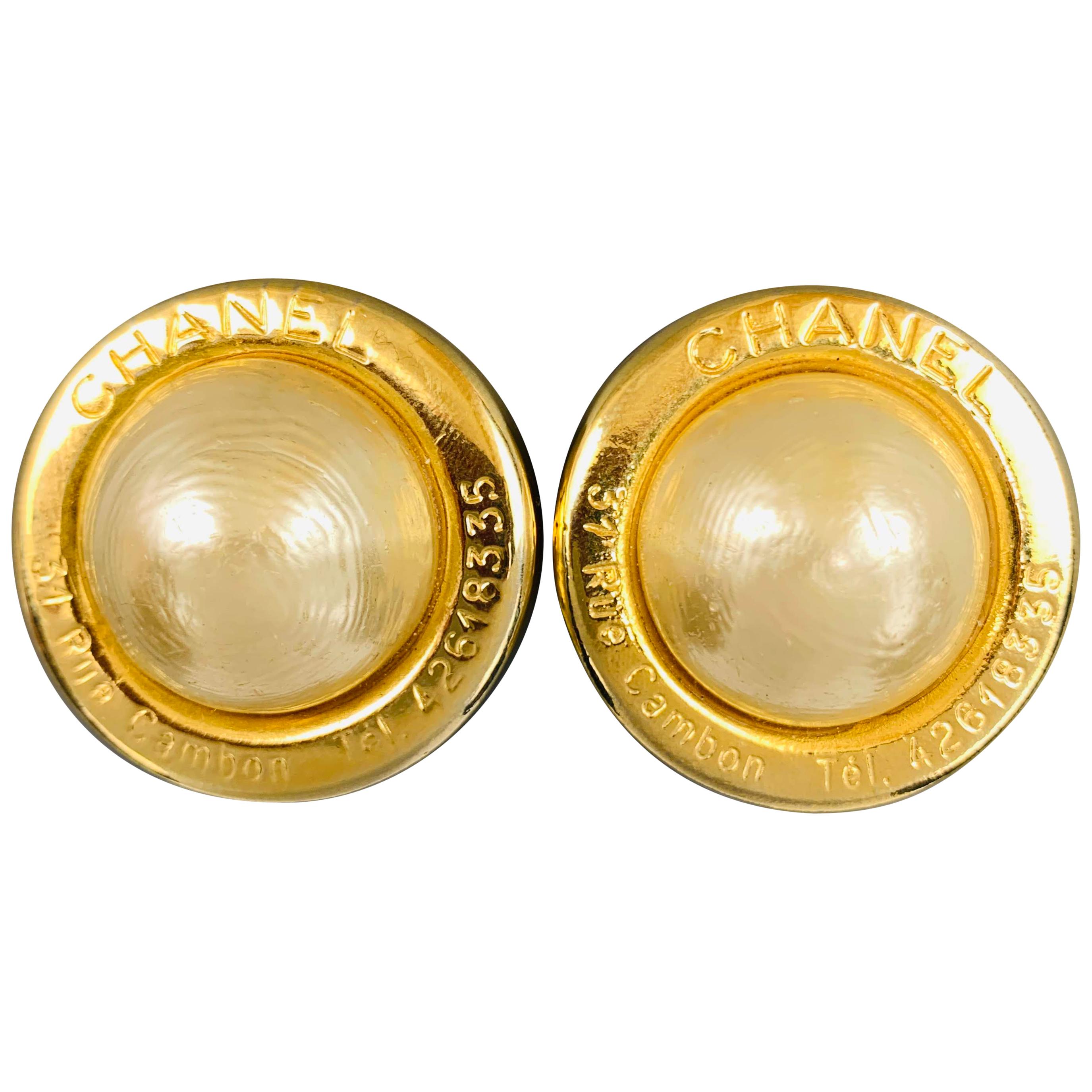 CHANEL Gold Tone 31 Rue Cambon Faux Pearl Clip On Earrings