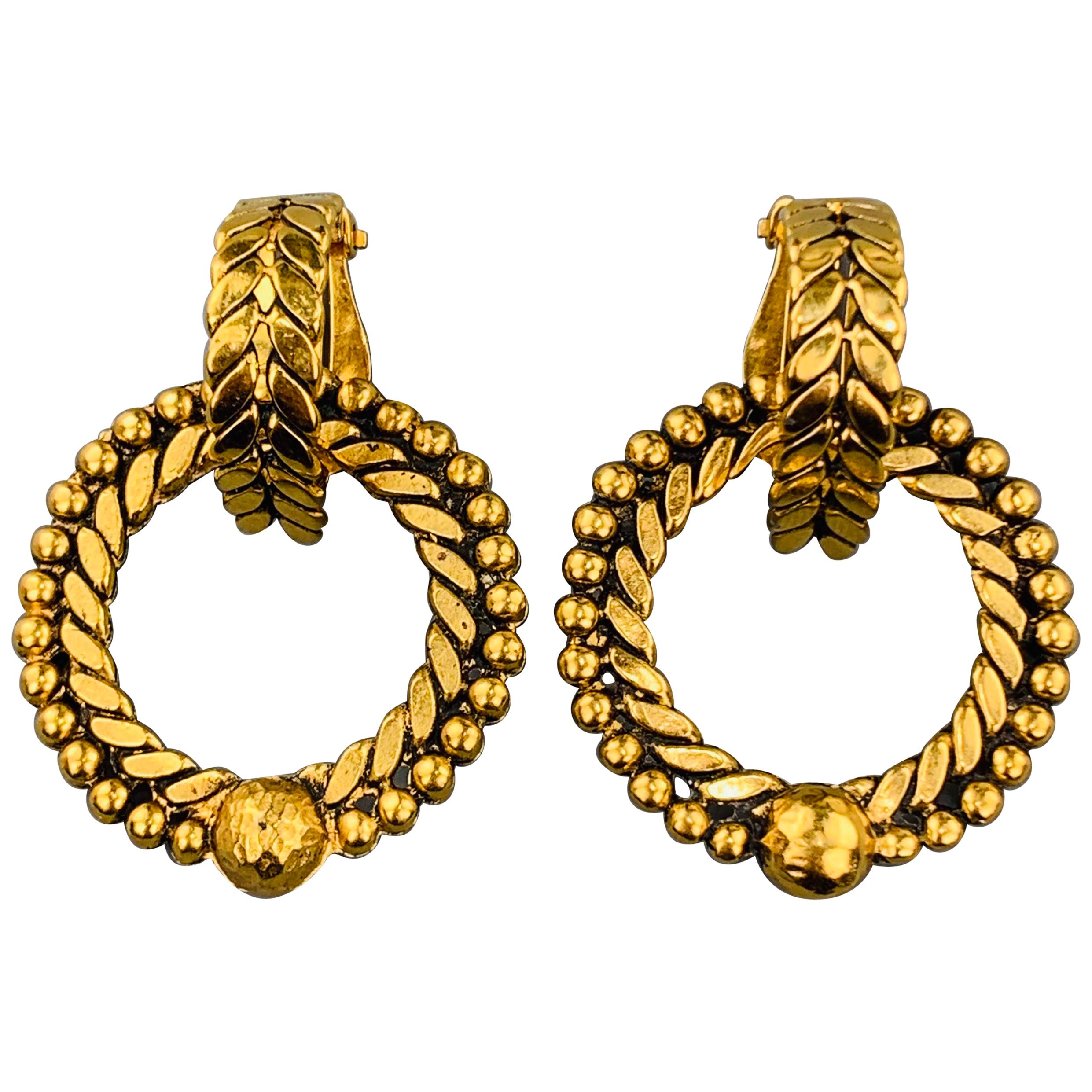 CHANEL VINTAGE Gold Tone Textured Clip-On Hoop Stud Earrings