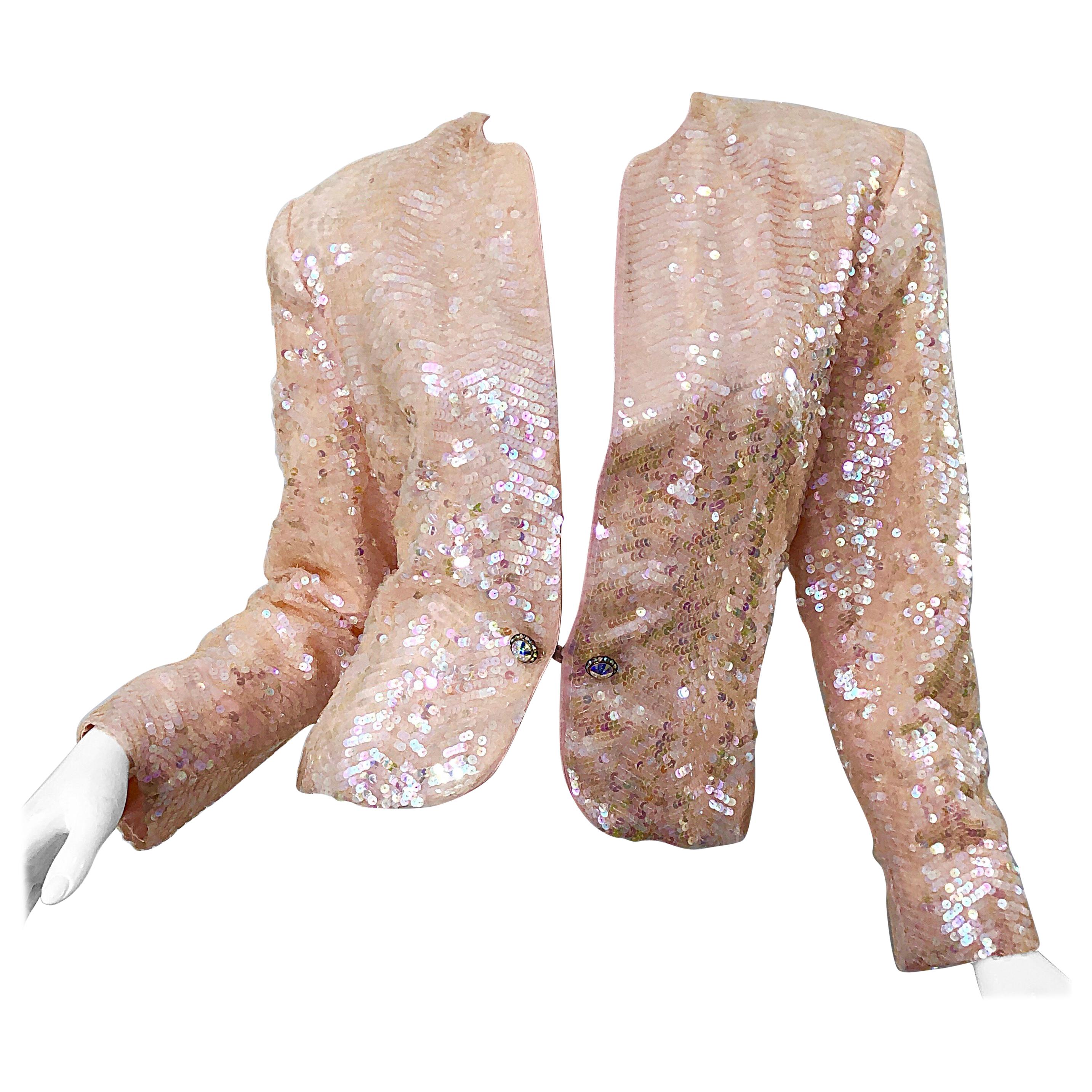 Nolan Miller 1980s Light Pink Sequin + Rhinestone Amazing Vintage 80s Jacket For Sale