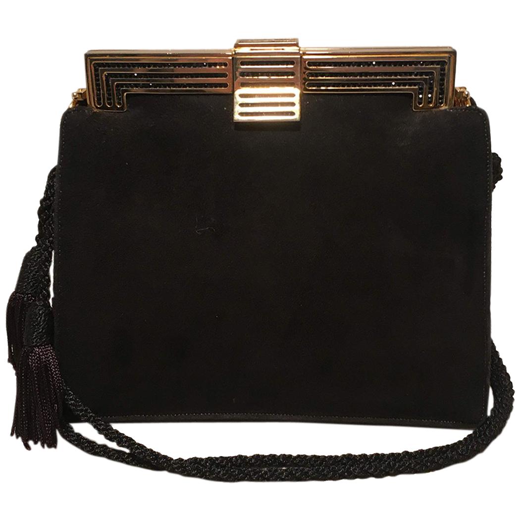 Judith Leiber Black Suede Evening Bag Clutch with Silk Tassel  For Sale