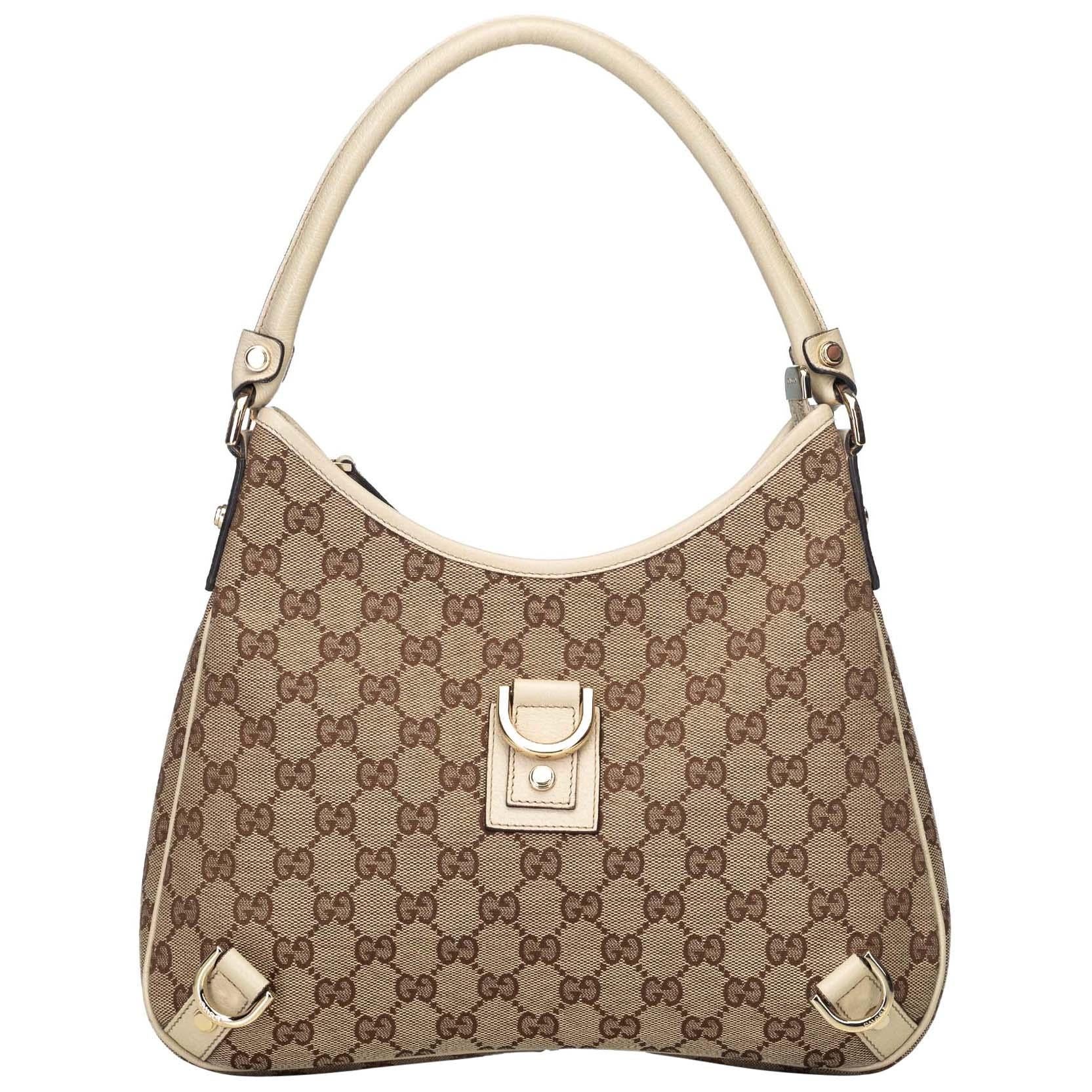 Gucci Brown Beige Jacquard Fabric GG Abbey Hobo Bag Italy w/ Dust Bag