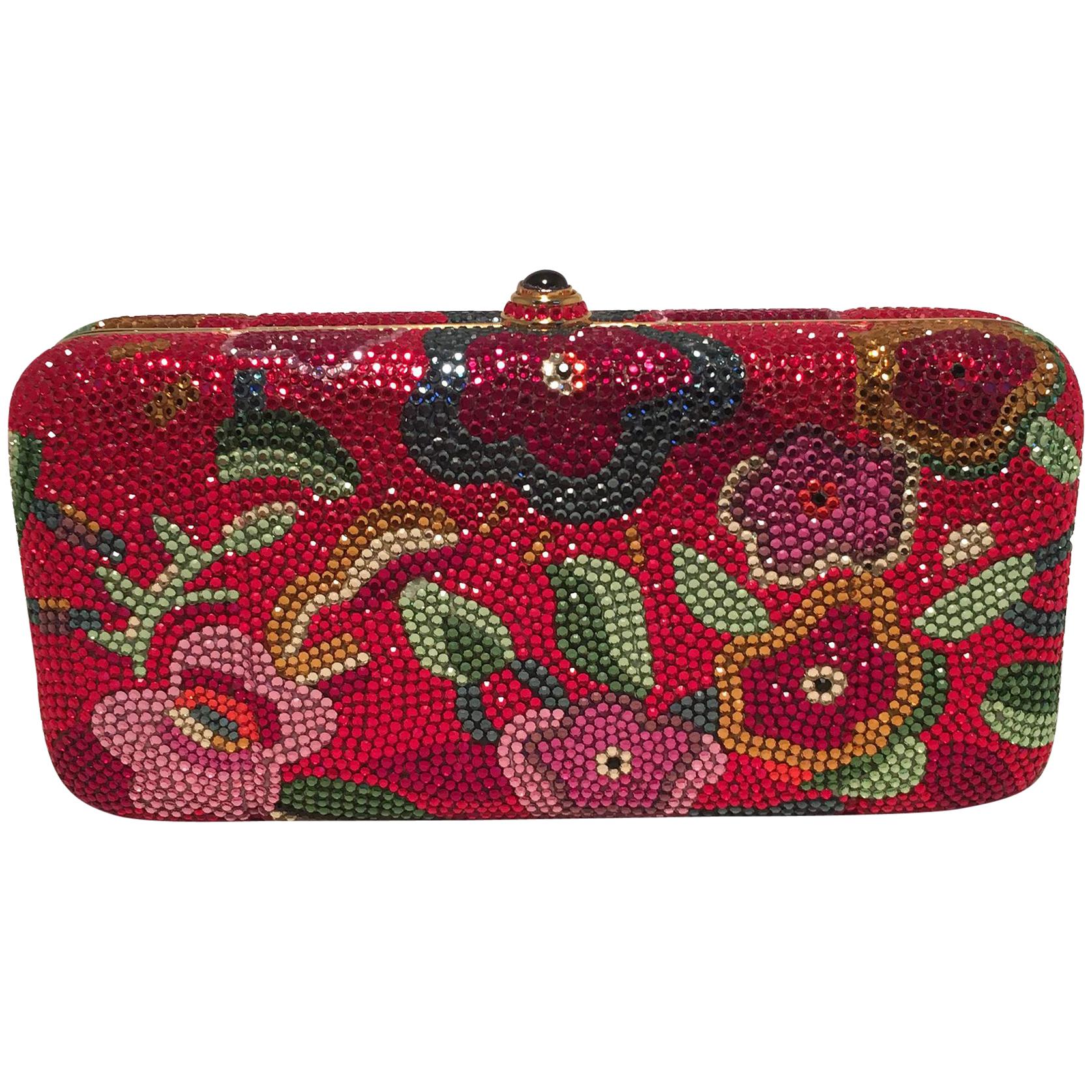 Judith Leiber Red Swarovski Crystal Floral Print Minaudiere Evening Bag Clutch