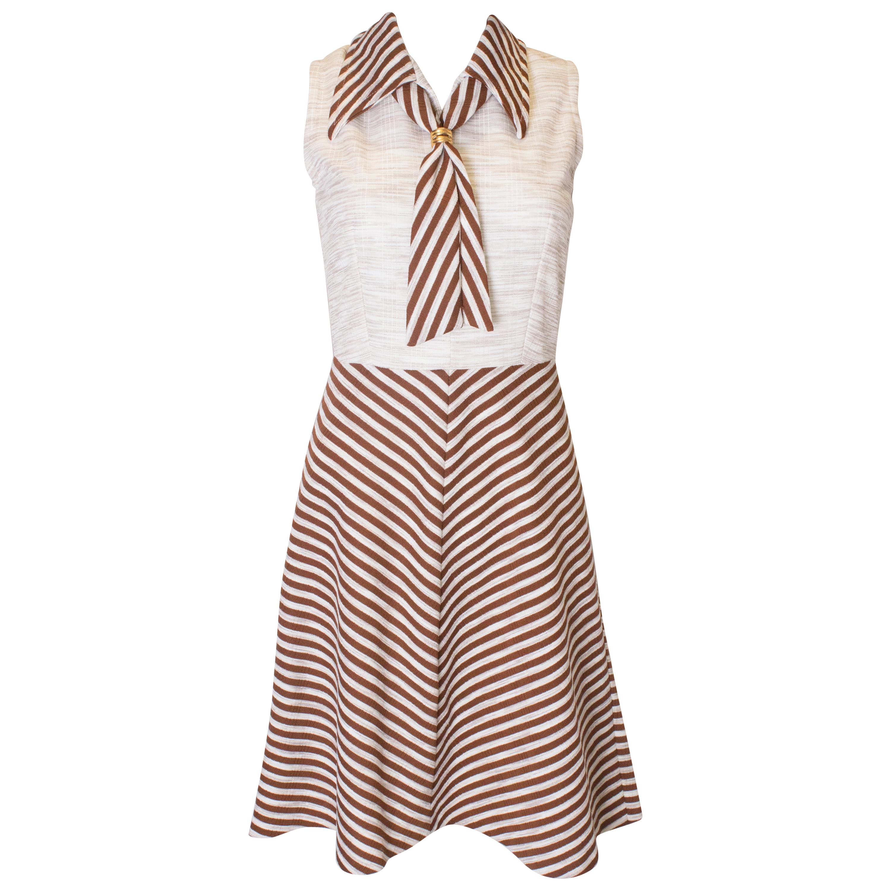 Vintage Brown and White Stripe Day Dress For Sale