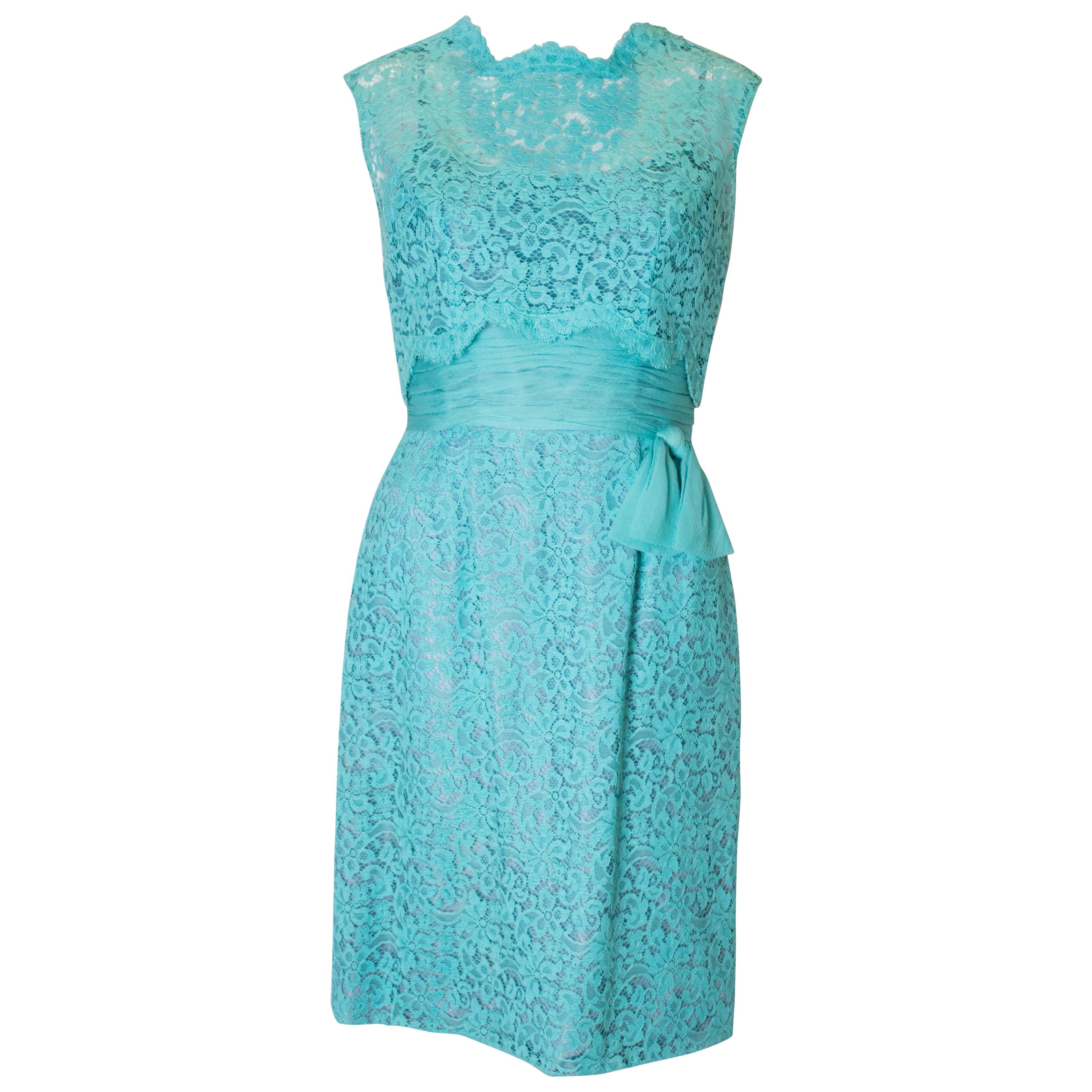 Vintage Jean Allen Turquoise Lace Cocktail Dress For Sale at 1stDibs ...