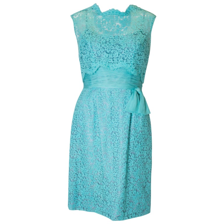 Vintage Jean Allen Turquoise Lace Cocktail Dress For Sale at 1stDibs