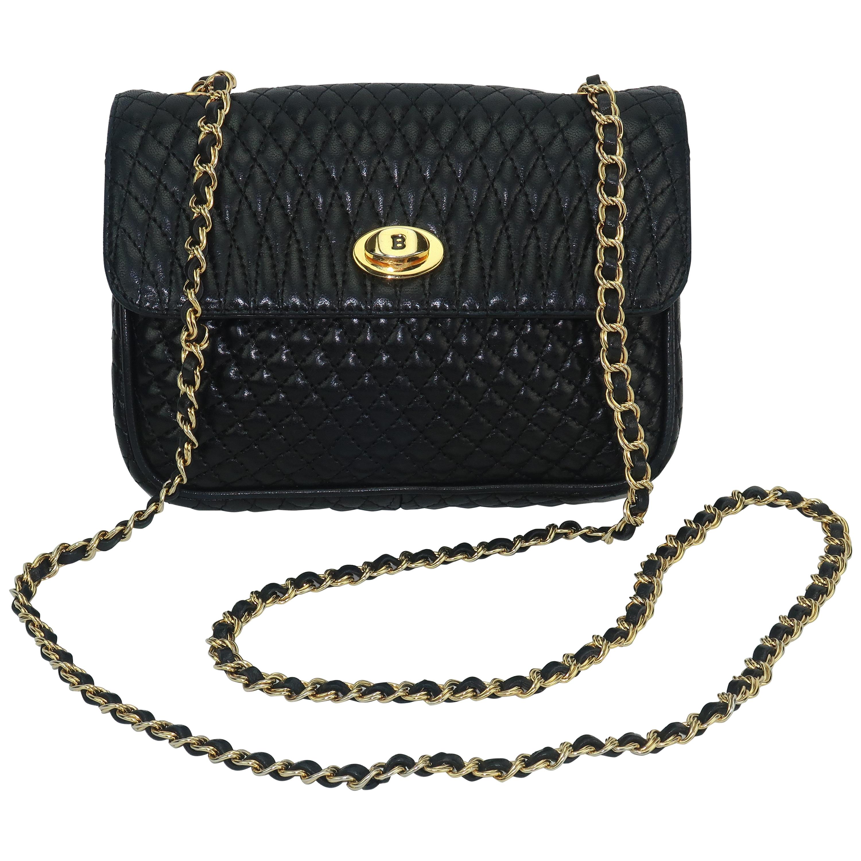 Vintage Bally Black Leather Quilted Chain Strap Handbag at 1stDibs