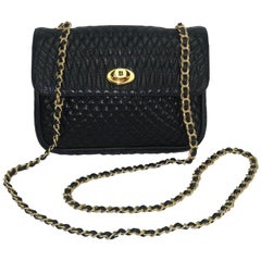 Retro Bally Black Leather Quilted Chain Strap Handbag