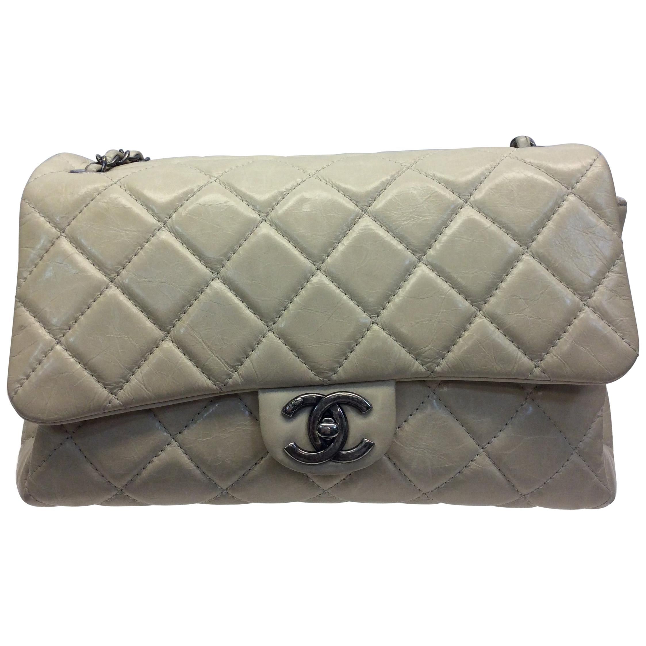 Chanel Tan Leather Flap with Gunmetal Hardware For Sale