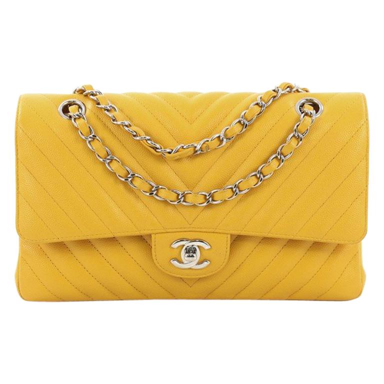 Chanel Yellow Chevron Quilted Leather Medium Double Flap Bag