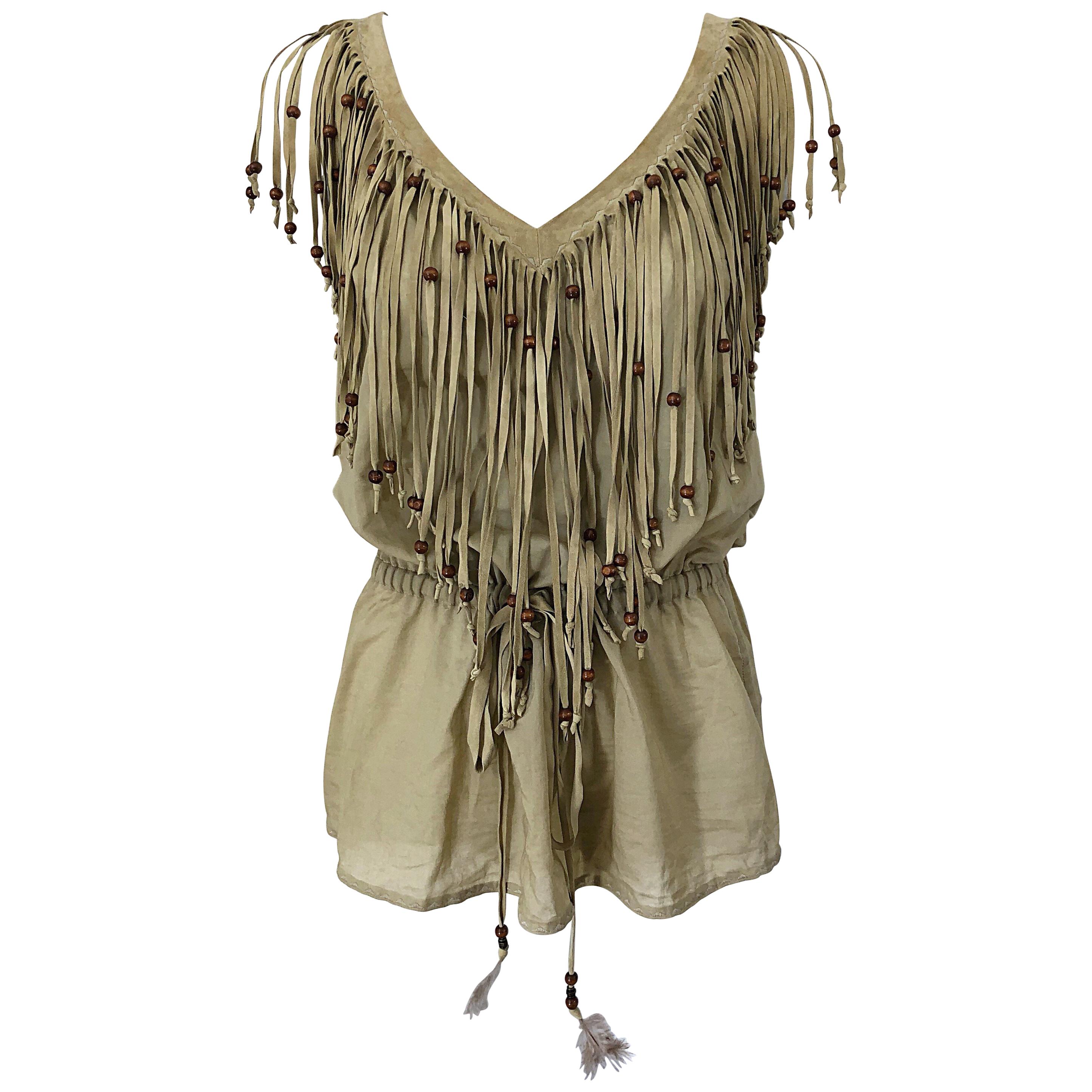 1990s Dolce & Gabbana Khaki / Brown Cotton and Suede Feathers Beaded Boho Blouse