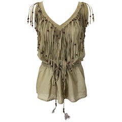 Retro 1990s Dolce & Gabbana Khaki / Brown Cotton and Suede Feathers Beaded Boho Blouse