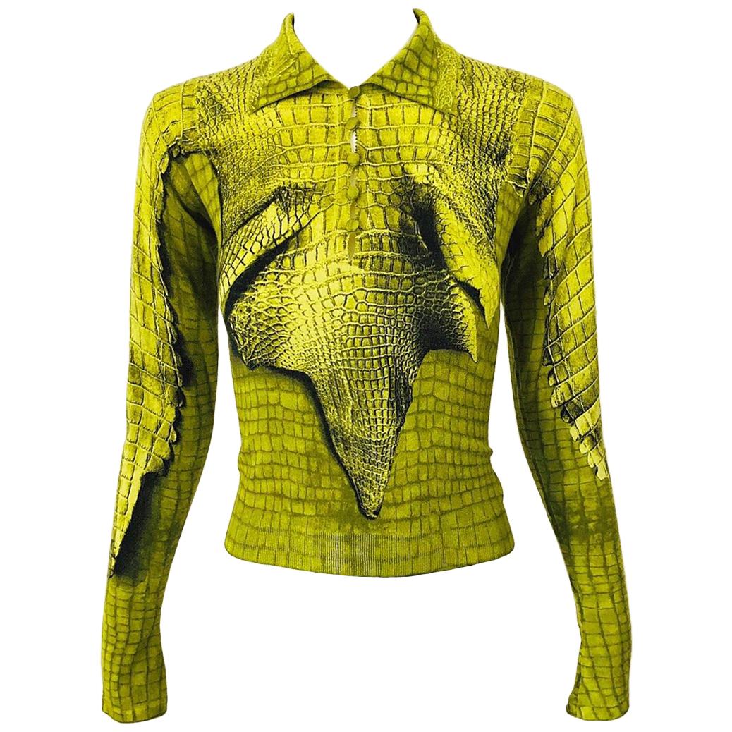 John Galliano 1990s Trompe L'Oeil Cashmere Chartreuse Green Gator Print Sweater