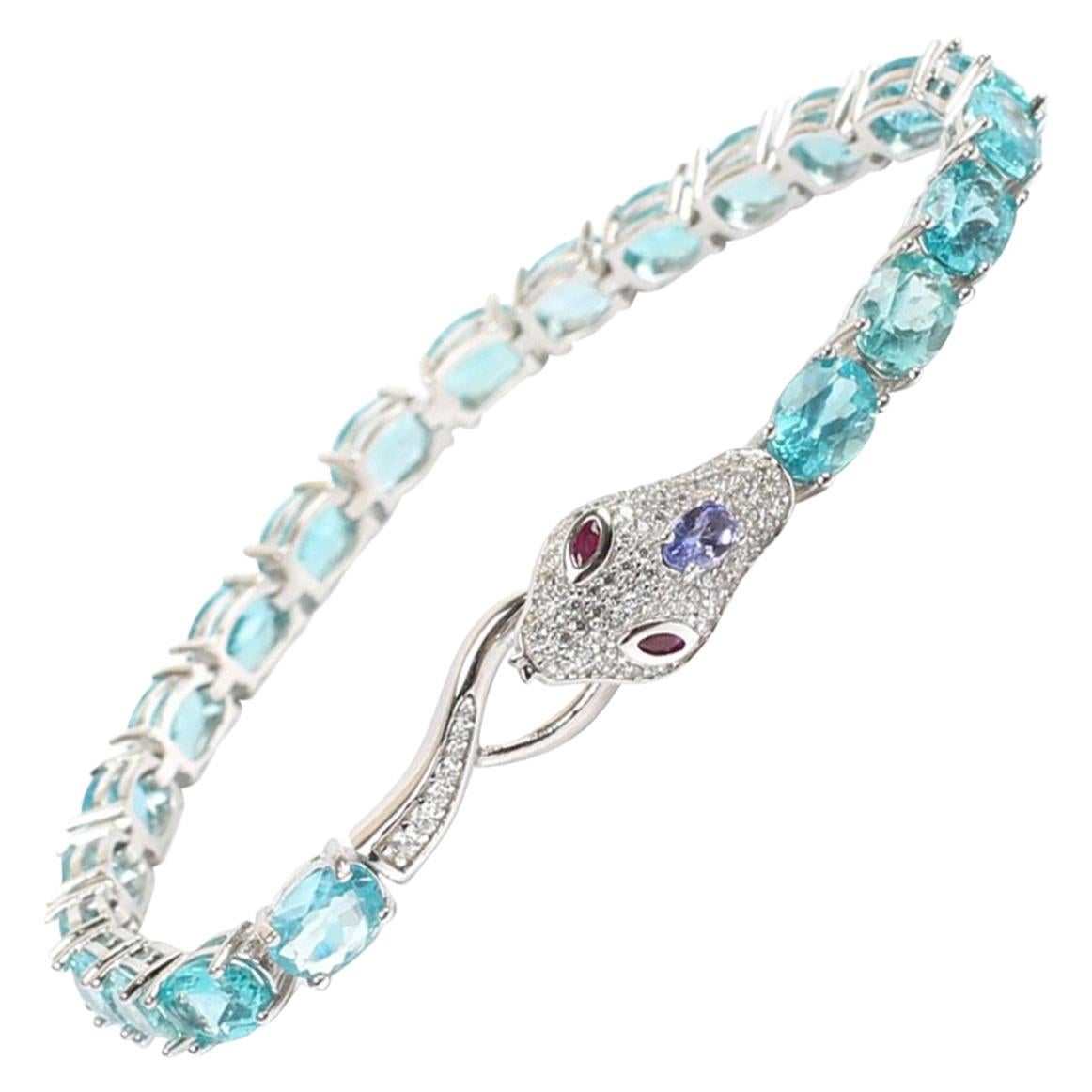 Exotic Sterling Gemstone Snake Bracelet-Diamond Pave, Apatite, Tanzanite & Rubies For Sale