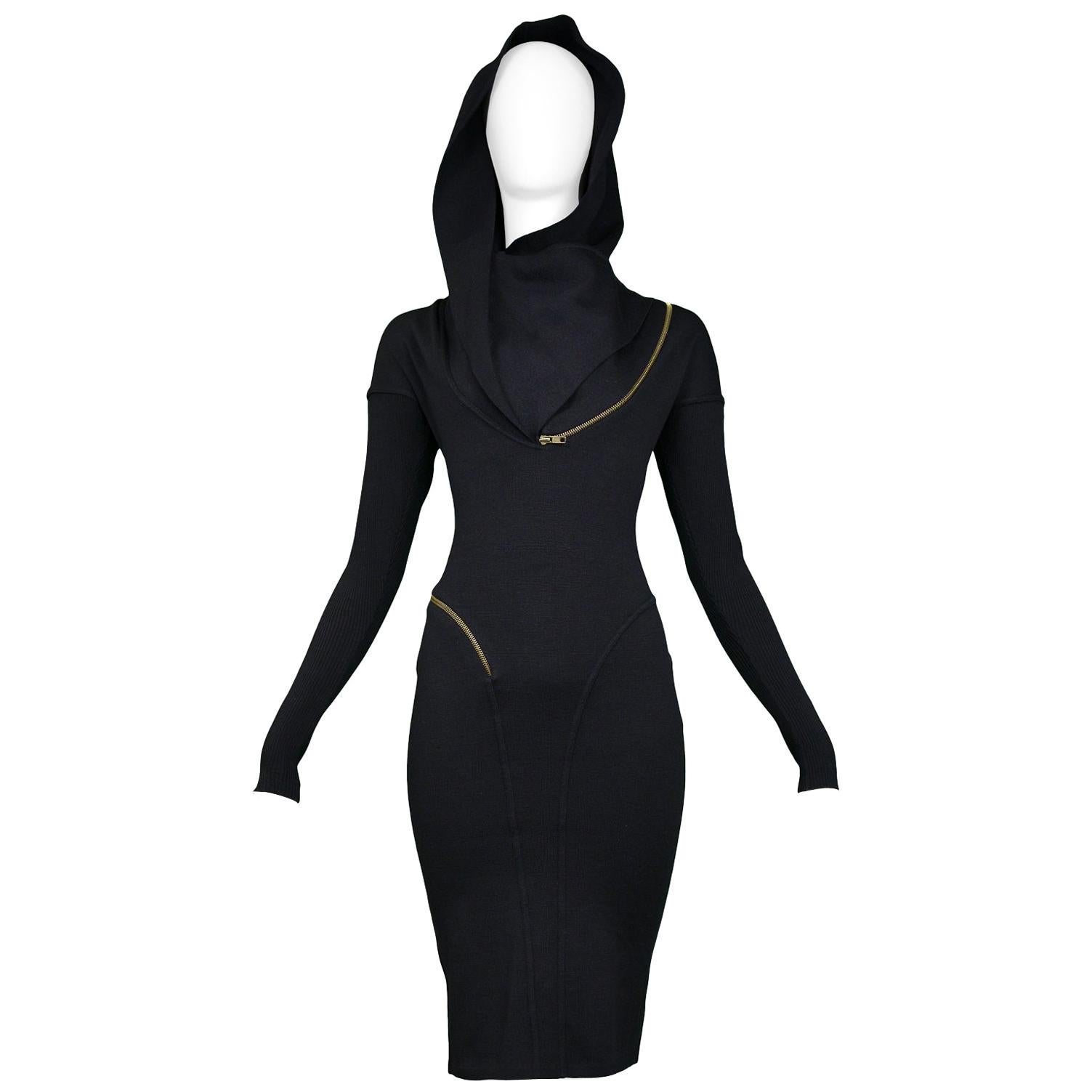 Vintage Alaia Iconic Black Hooded Zipper Dress 1986