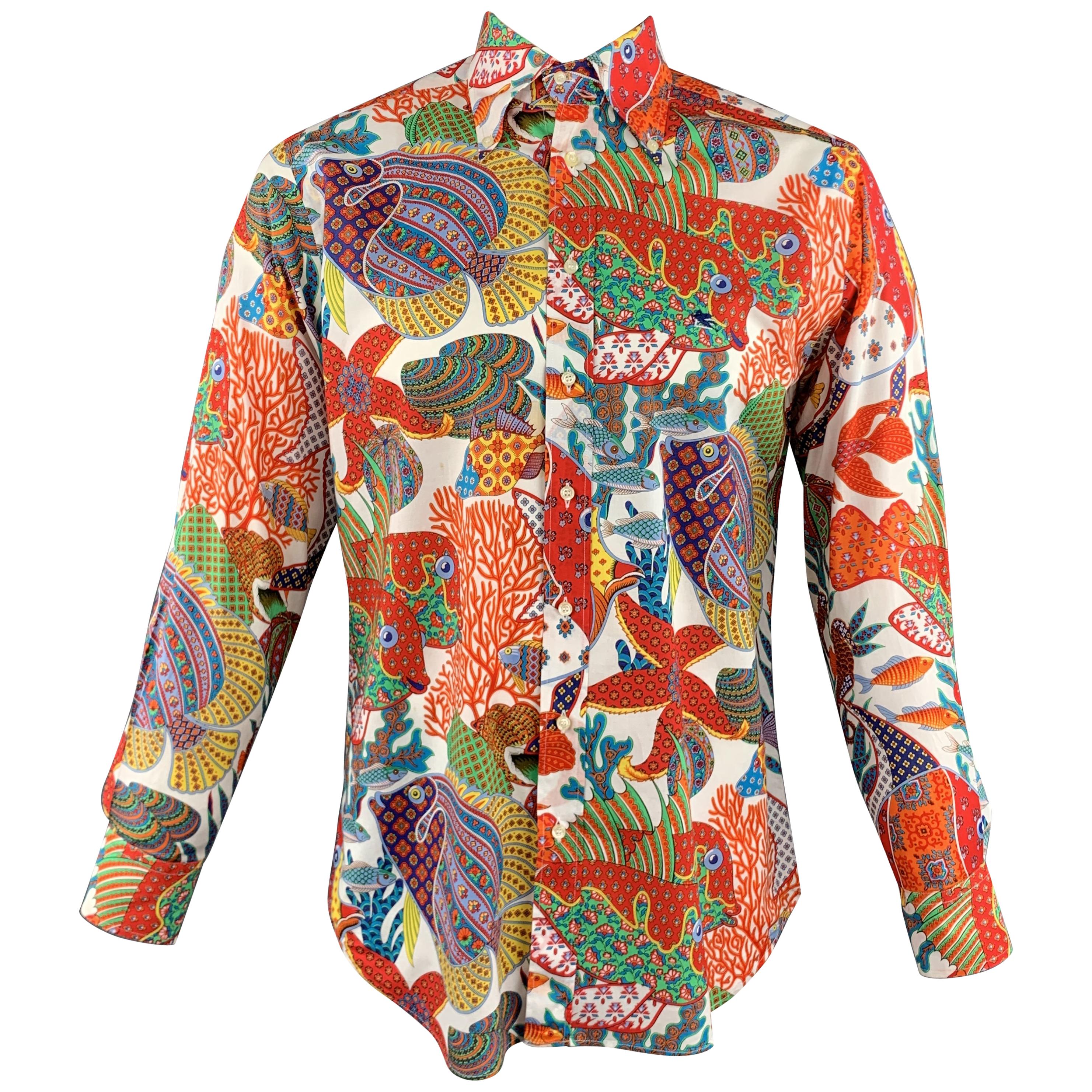 ETRO Size L Multi-Color Print Cotton Button Down Long Sleeve Shirt