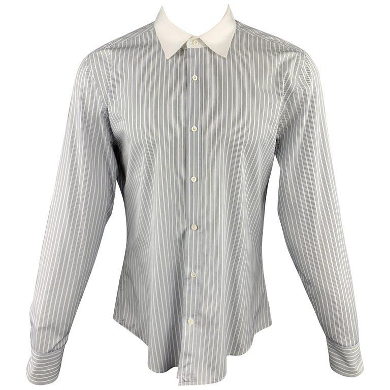 GUCCI Size XL White and Black Stripe Cotton Button Up Long Sleeve Shirt ...
