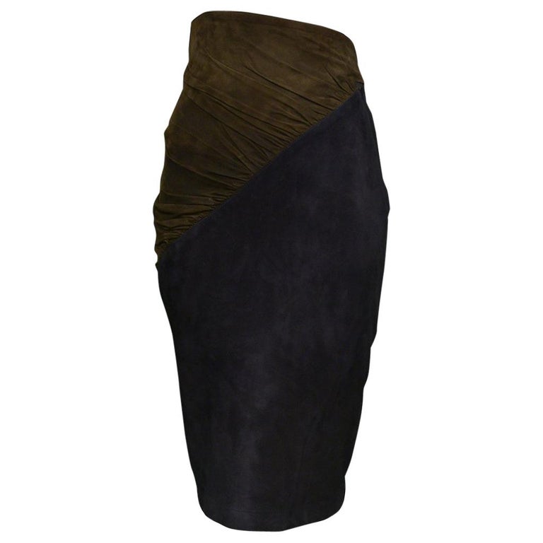 Vintage Alaia Navy and Brown Suede Pencil Skirt For Sale at 1stDibs