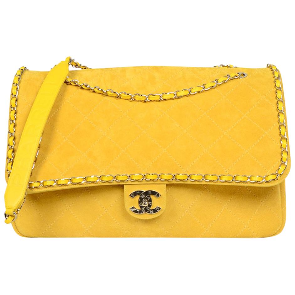 CHANEL x PHARRELL 2019 LIMITED EDITION Yellow Suede XXL Quilted Flap Bag  For Sale at 1stDibs