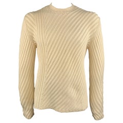 HERMES Size L Cream Chevron Merino Wool Crew-Neck Sweater