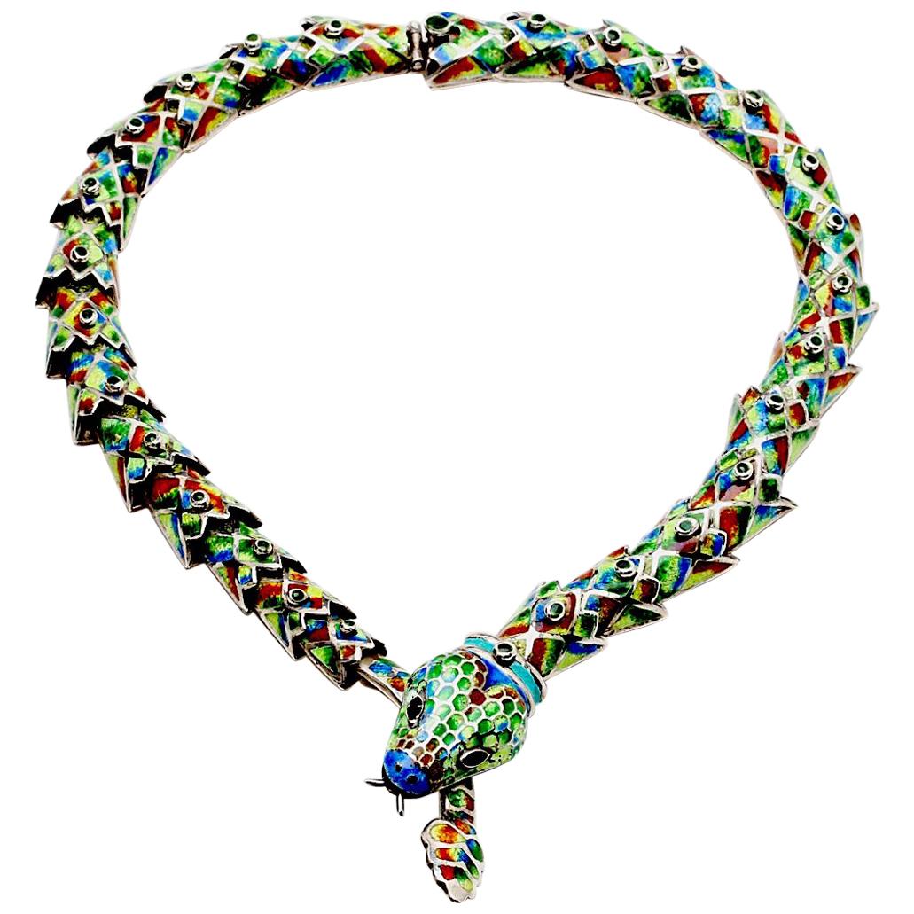 Margot de TaxcolMelesio Rodriguez Sterling Enamel Snake Necklace- Mexico For Sale