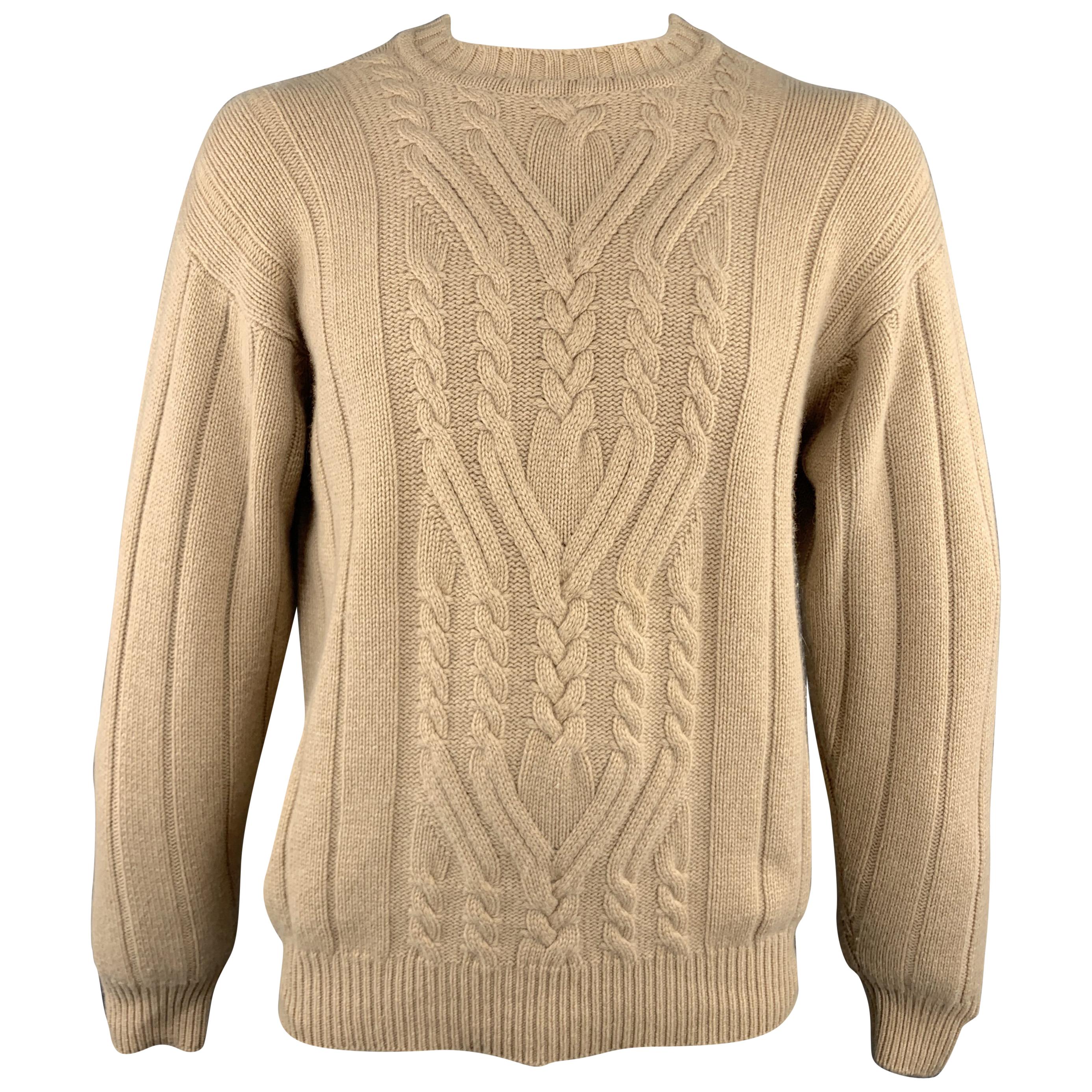 MANRICO Size L Tan Cable Cashmere Crew-Neck Sweater