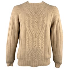 MANRICO Size L Tan Cable Cashmere Crew-Neck Sweater