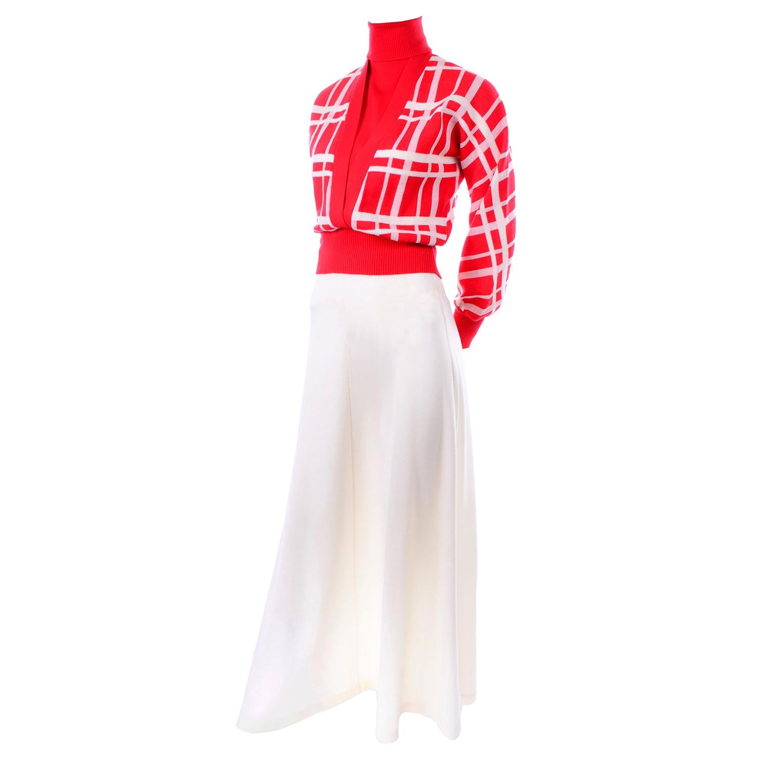 Deadstock Crissa Italy Vintage 1970s Red & White Knit Maxi Skirt and Sweater Top