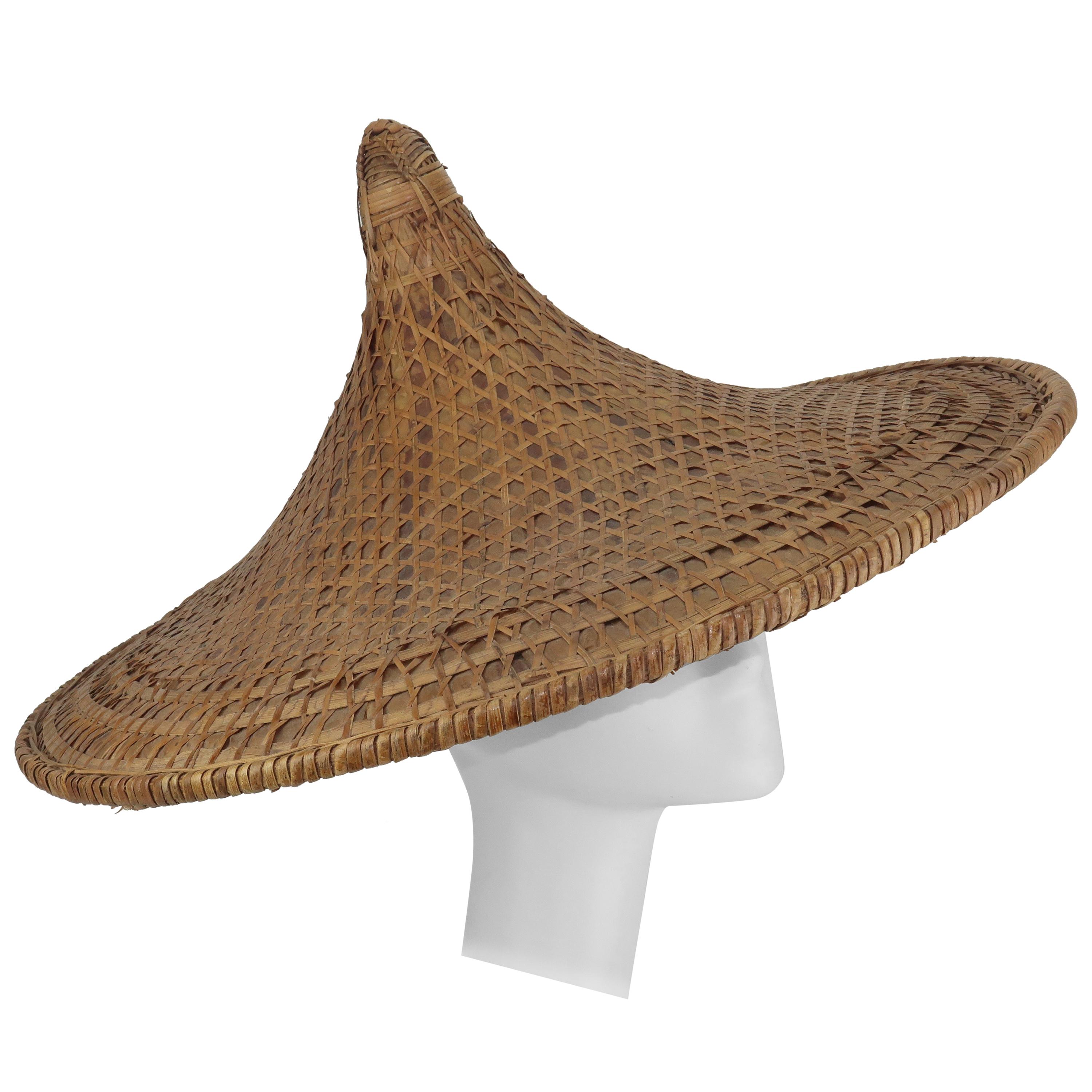 Vintage Pagoda Straw Wide Brim Beach Hat