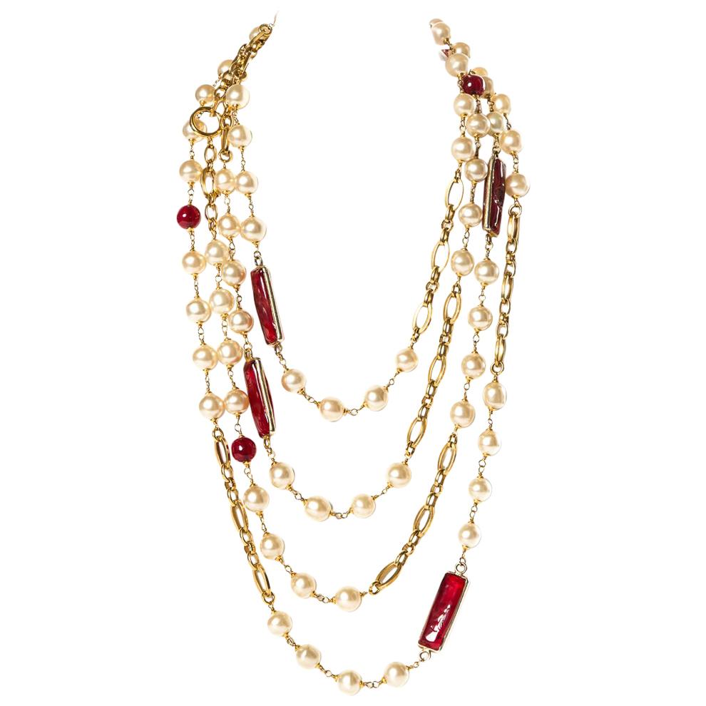 CHANEL  Vintage Red Gripoix and Faux Pearl Chain Necklace