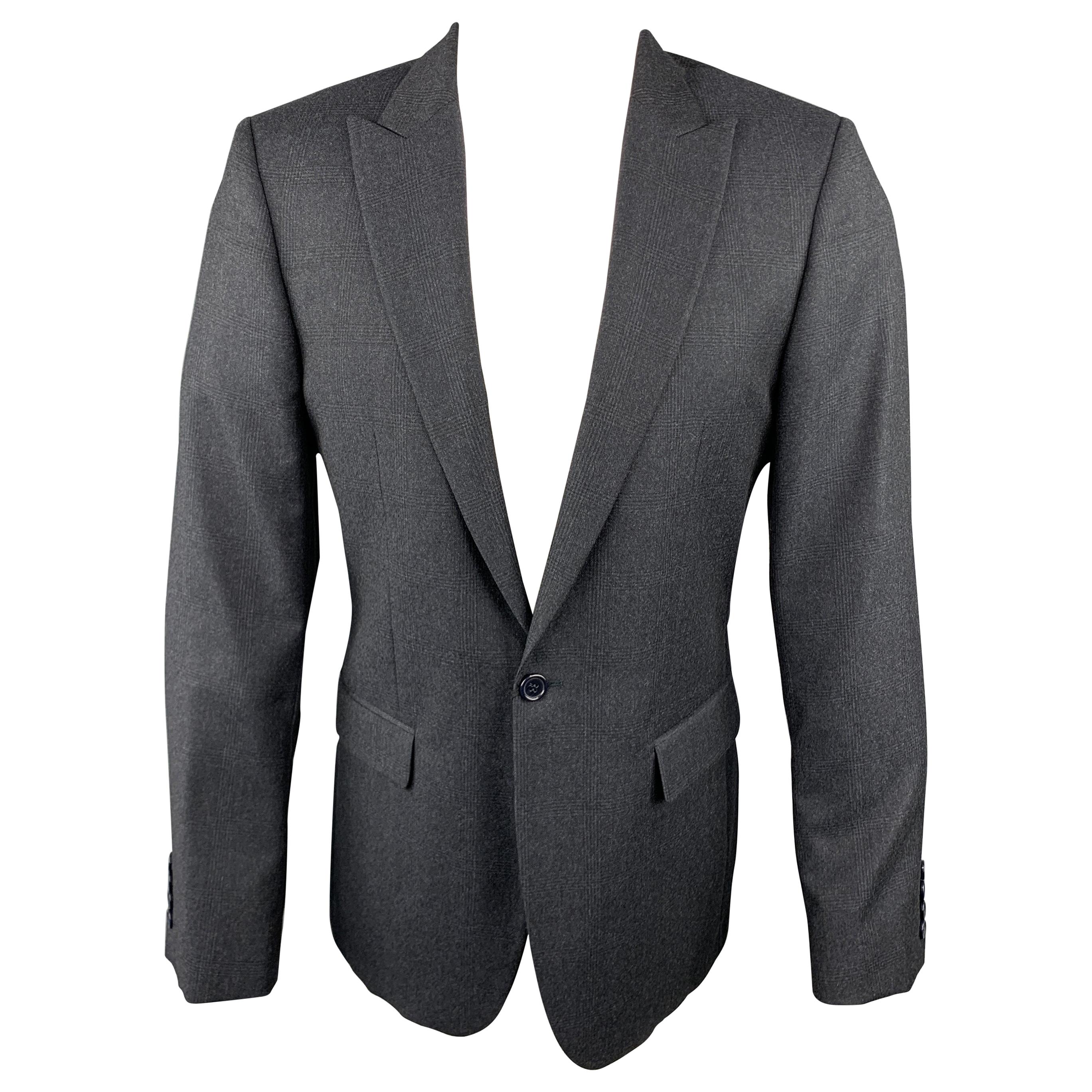 CALVIN KLEIN COLLECTION 38 Charcoal Glenplaid Wool Peak Lapel Sport Coat