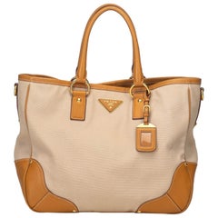 Prada Brown Beige Canvas Fabric Canapa Tote Bag Italy