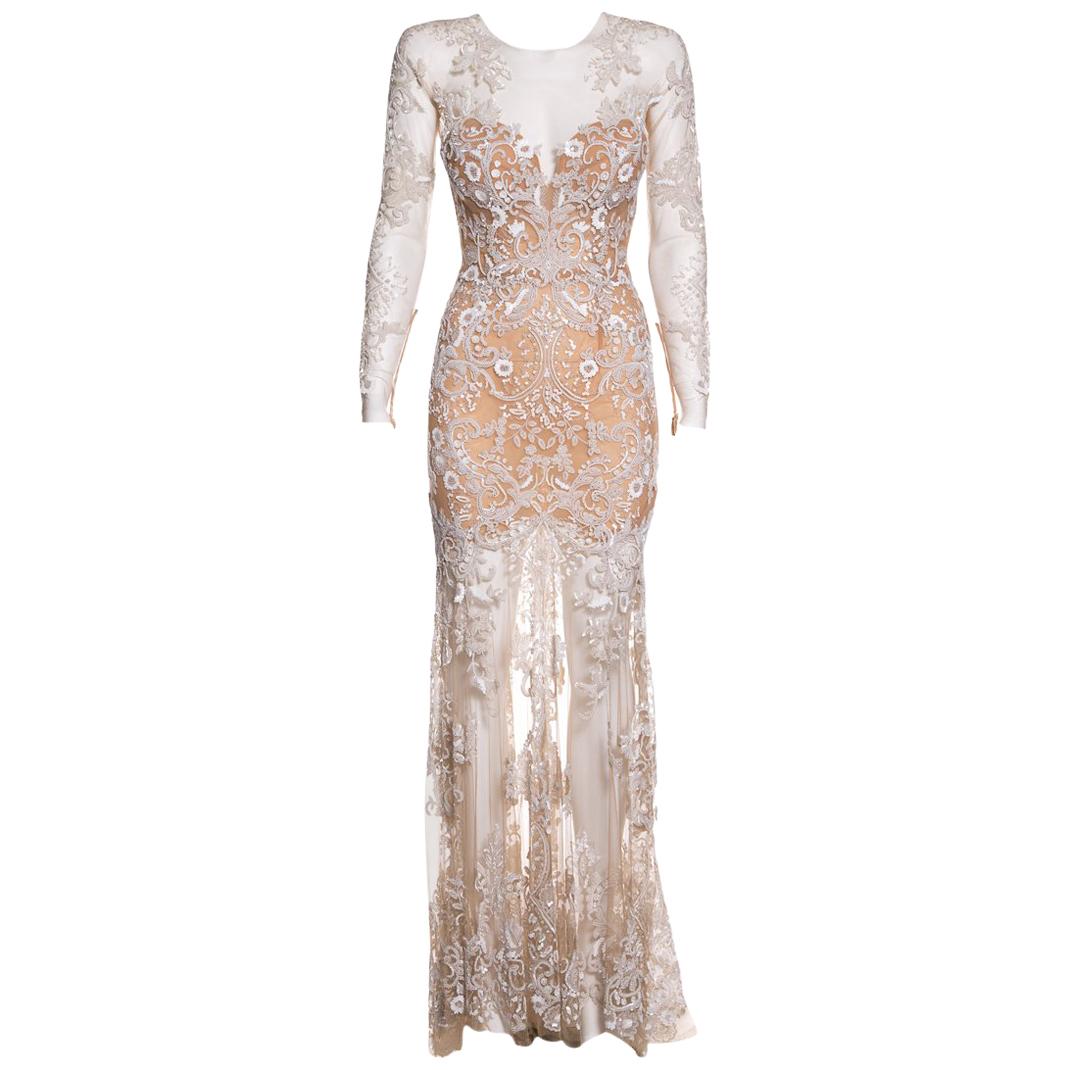 ZUHAIR MURAD  Nude Mesh & Sequin Embellished Gown SZ 4 For Sale