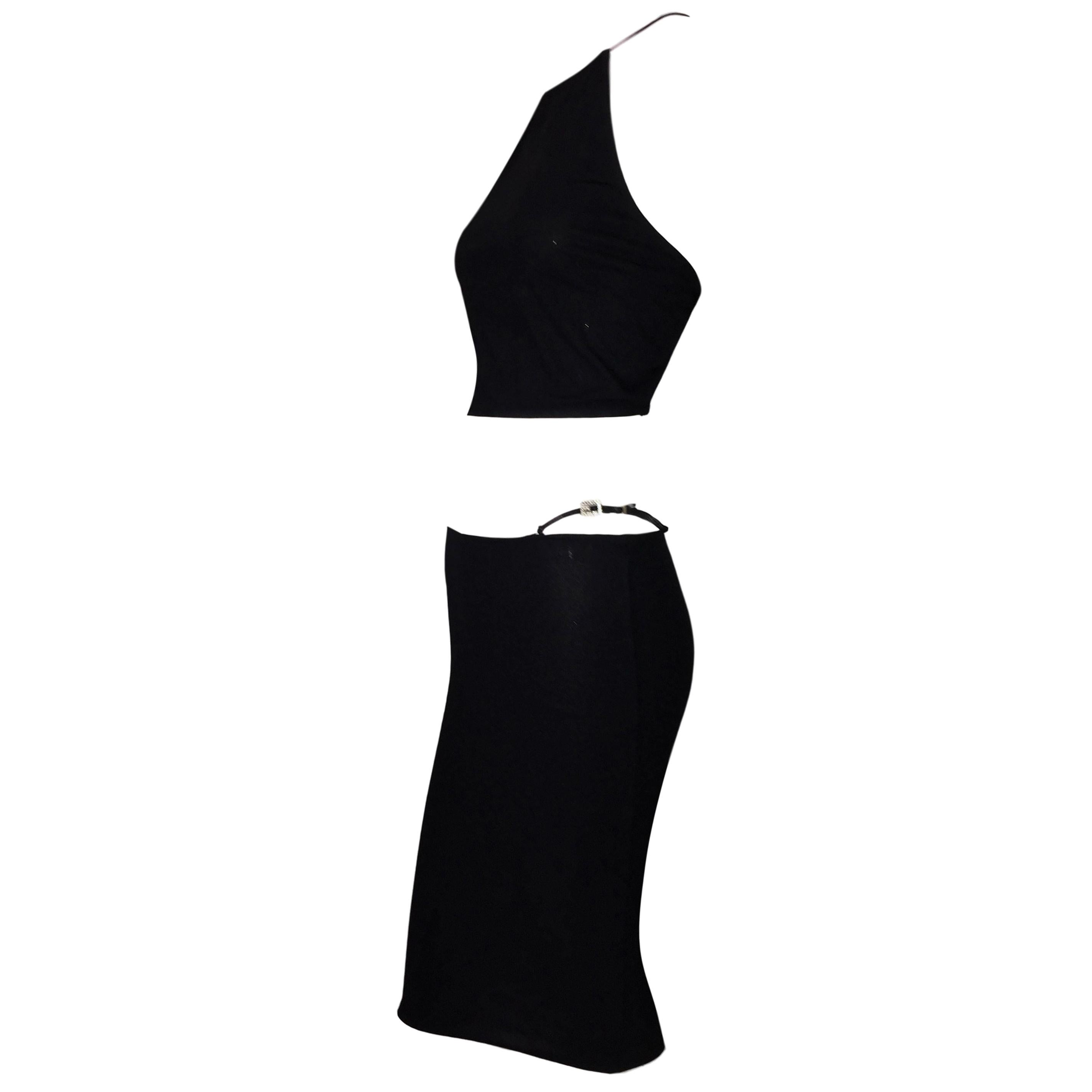 S/S 1998 Gucci Tom Ford Runway Black Backless Crop Top & Crystal G Skirt Set