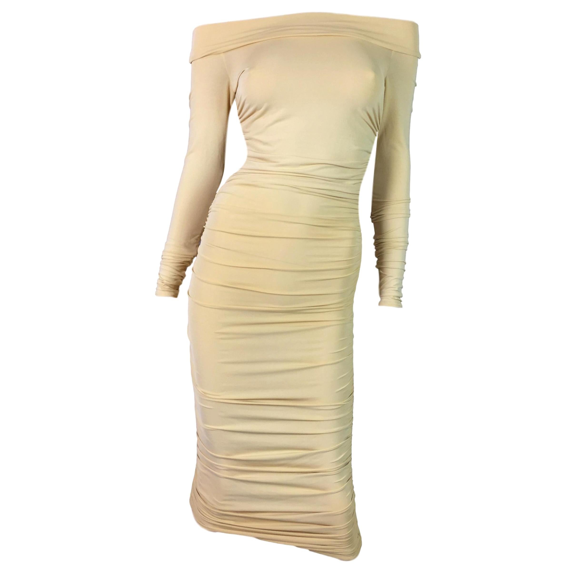 S/S 2001 Celine Yellow Nude Sheer Off Shoulder Ruched L/S Wiggle Dress