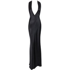 NWT F/W 2002 Dolce & Gabbana Black Satin Old Hollywood Plunging Gown Dress