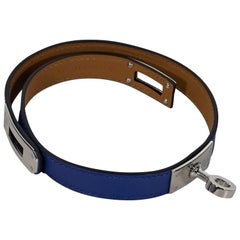 Blue Hermes Leather Kelly Double Tour Bracelet