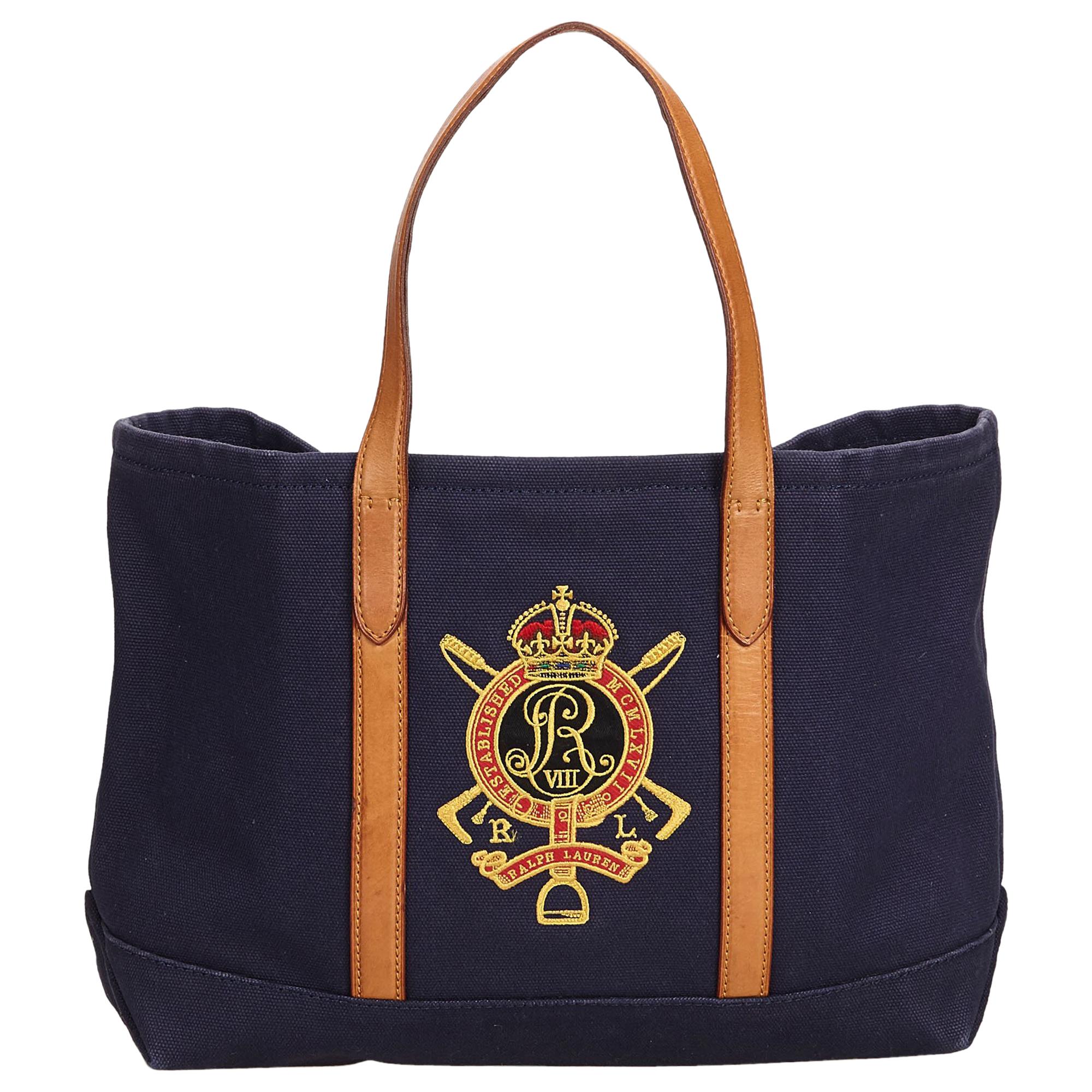 Ralph Lauren Blue Embroidered Canvas Tote Bag United States of America For Sale