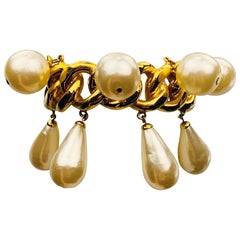 CHANEL VINTAGE Gold Tone Faux Pearl Drop Chain Cuff Bangle Bracelet