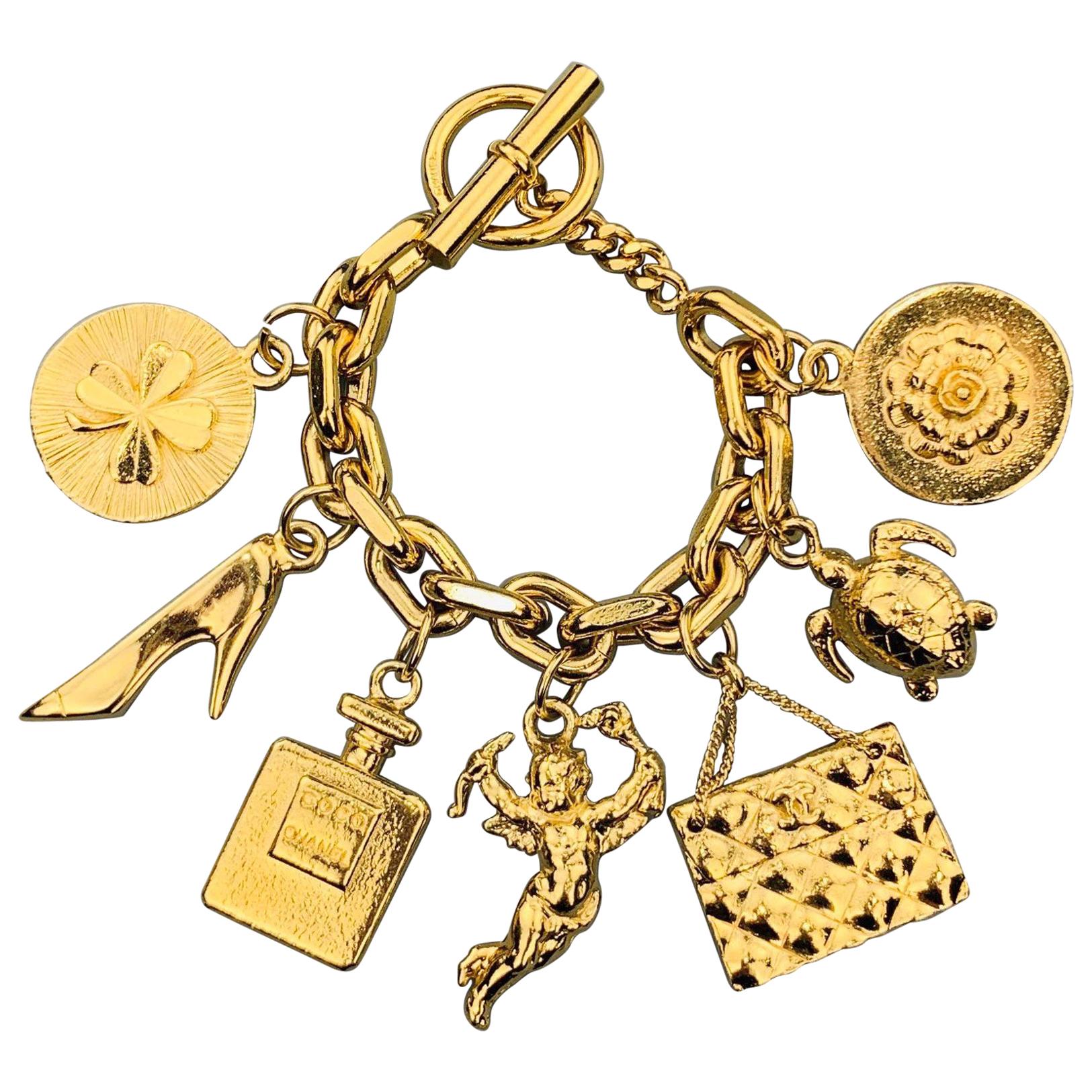 CHANEL Vintage Gold Tone Angel Coco Purse Pump Perfume Charm Bracelet