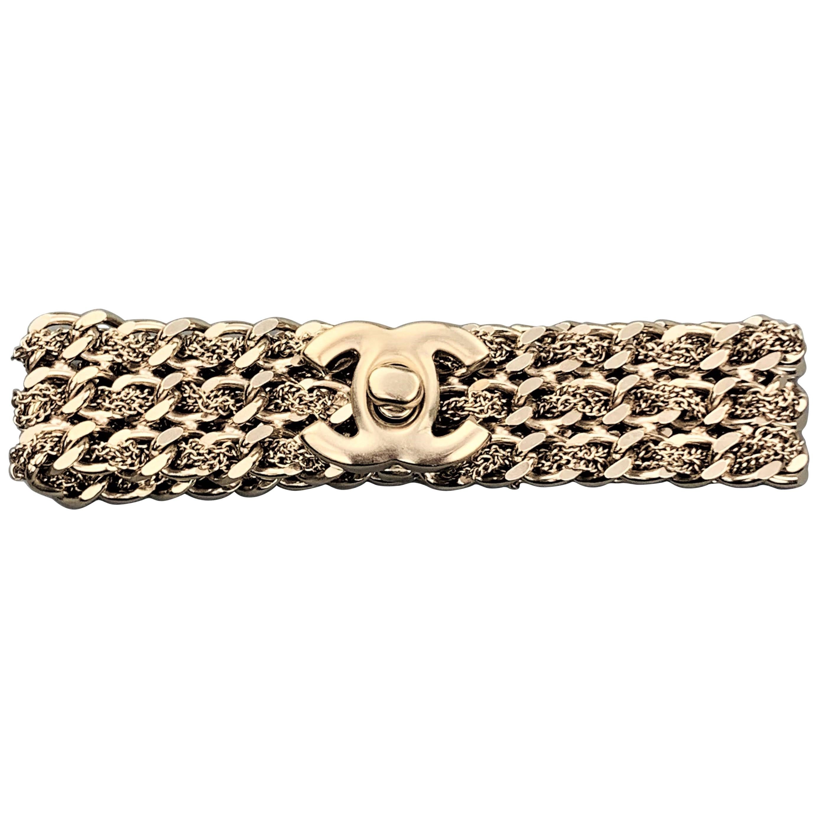 CHANEL Silver Tone Metal Woven Chain Link CC Turnlock Bracelet