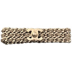 CHANEL Silver Tone Metal Woven Chain Link CC Turnlock Bracelet