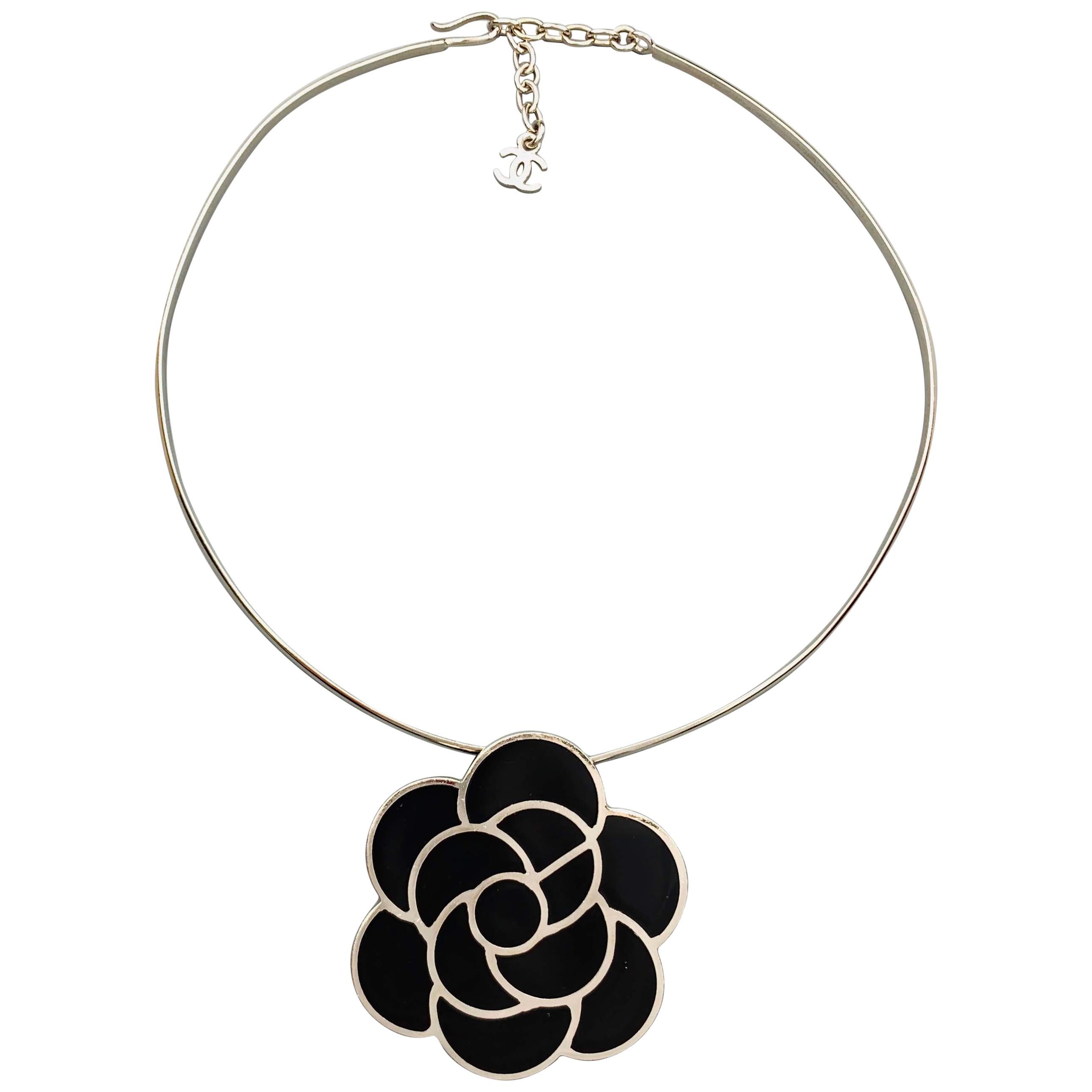 CHANEL Silver Tone Metal Black Enamel Camellia Choker Necklace
