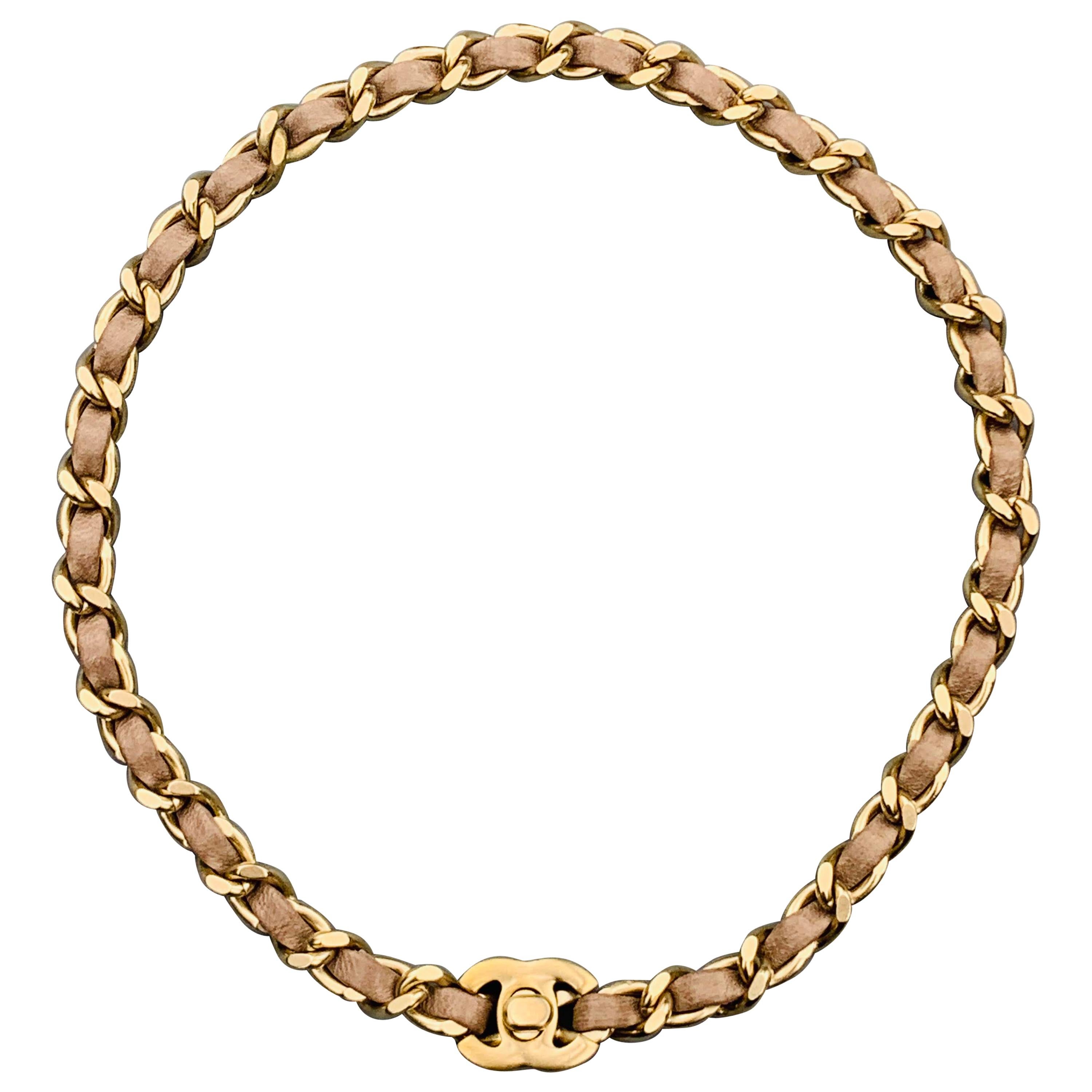 CHANEL Muted Gold Tone Chain Taupe Leather Woven CC Turnlock Choker Necklace