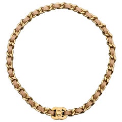 CHANEL Muted Gold Tone Chain Taupe Leather Woven CC Turnlock Choker Necklace