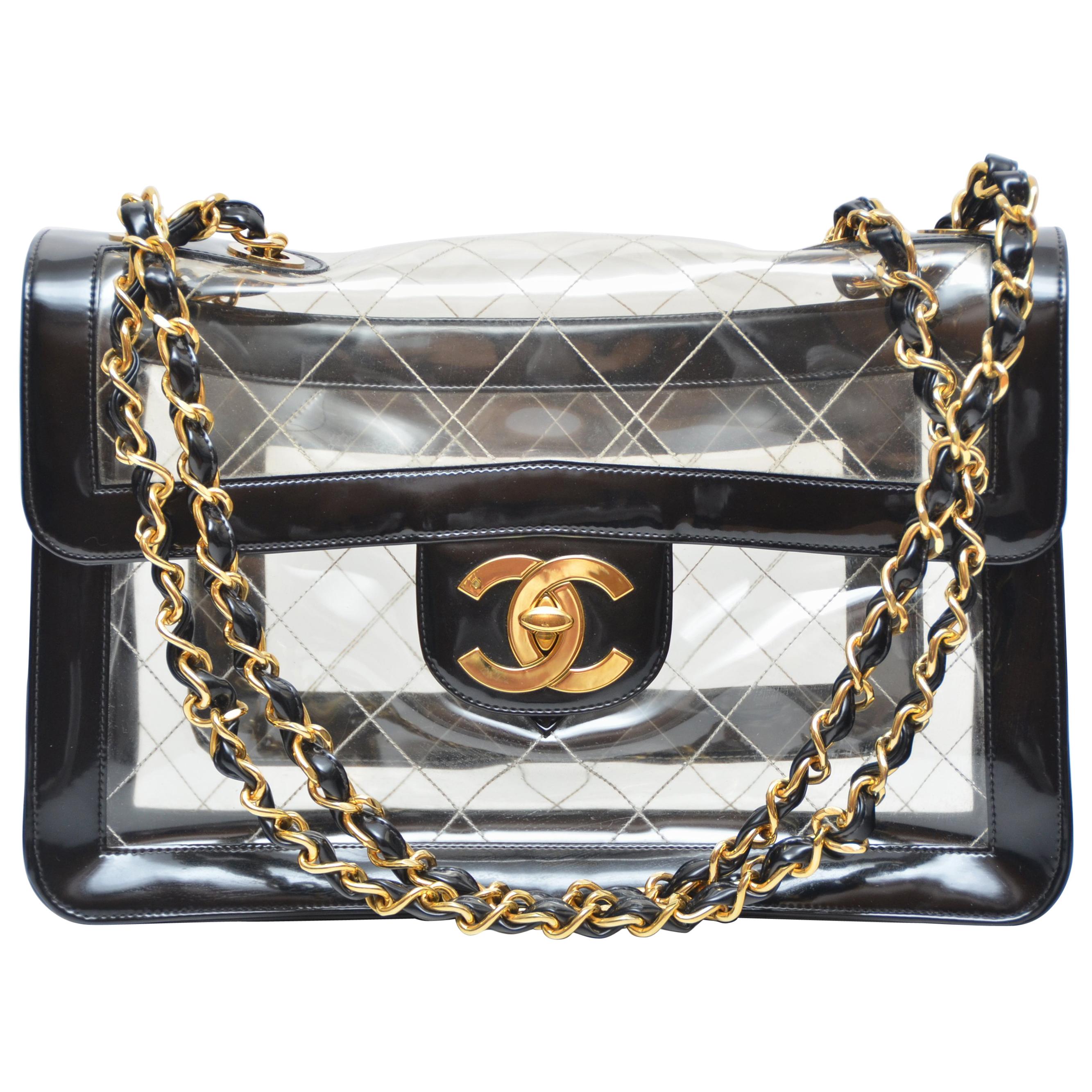 CHANEL Quilted CC Jumbo Double Chain Shoulder Bag Clear Black Vinyl 